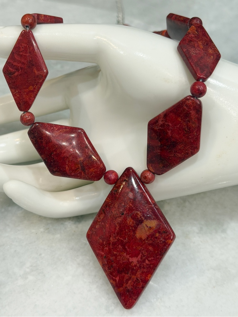 Red Coral Geometric Stone and Bead Sterling Silver Necklace